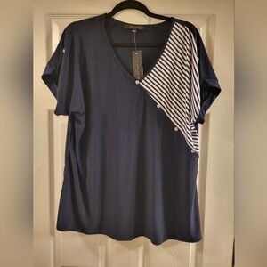 Navy Blue Striped Women's Top Crystal Buttons NWT Size 1x